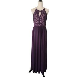 Plum Purple Lace Sequin Halter Maxi Dress Keyhole Formal Gown Evening Wear